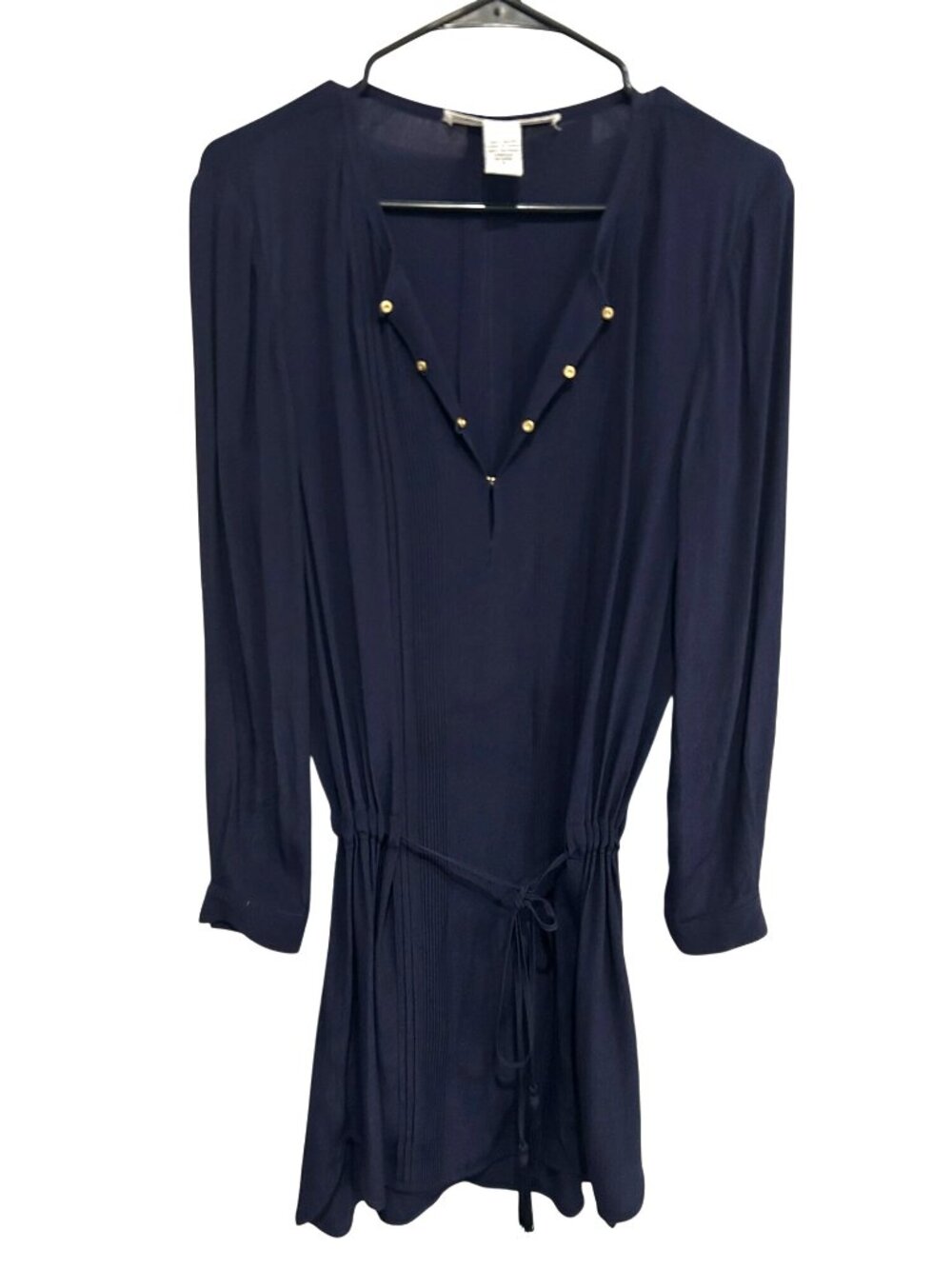 Diane von Furstenberg 6 Navy Studded V-Neck Tunic Drawstring Dress Retro